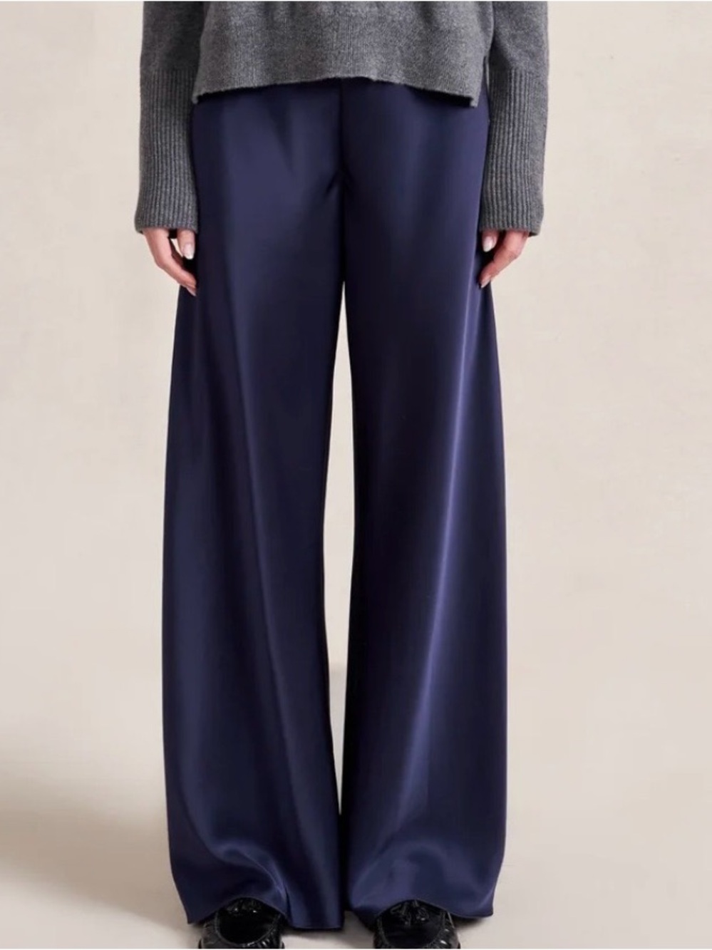 La Ligne Navy Wide-Leg Satin Trousers